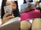 (電車対面）(顔出し)ミニタイトスカートで攻めるロングヘア女子大生さん…常時開放される生○んてぃを超近距離接写で観察してみました