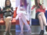 [4K動画][顔出し]足組から降り際のチラリオムニバス4、3人全員丸見えブルー、オレンジ、ネイビー[多人数][ドアップあり]電車