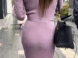 驚愕！レースのショーツが透けている薄紫のリブニットワンピの銀座OLさん