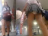 【FHD 顔モザなし】駅構内で見つけた夏服ミニスカJK！追い撮りからの白のサテンPパンチラ！