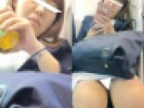 (電車対面）(顔出し)スマホに夢中になっちゃって…スカートからむき出しのパンストふとももをひろげちゃうOLお姉さんを観察してみま