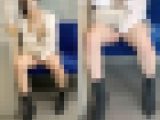 美脚を開脚して手で股間をガードする胸元ゆるゆるな白ギャルお姉さん